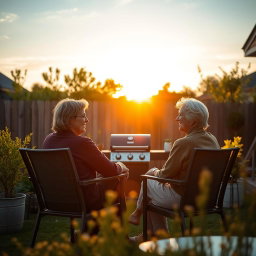 Cinematic shot of two middle-aged women sitting side by side in terrace chairs, engaged in a lively conversation