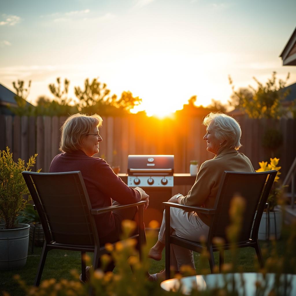 Cinematic shot of two middle-aged women sitting side by side in terrace chairs, engaged in a lively conversation