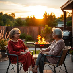 Cinematic shot of two middle-aged women sitting side by side in terrace chairs, engaged in a lively conversation