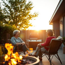 Cinematic shot of two middle-aged women sitting side by side in terrace chairs, engaged in a lively conversation