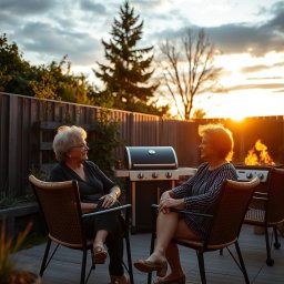 Cinematic shot of two middle-aged women sitting side by side in terrace chairs, engaged in a lively conversation