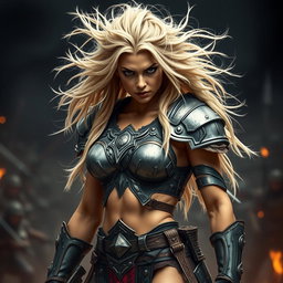 A full-body shot of a fierce armored warrior woman, crafted in high quality and photo-realistic detail
