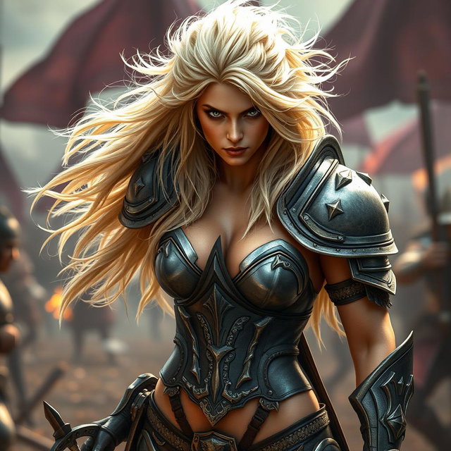 A full-body shot of a fierce armored warrior woman, crafted in high quality and photo-realistic detail