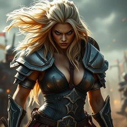 A full-body shot of a fierce armored warrior woman, crafted in high quality and photo-realistic detail
