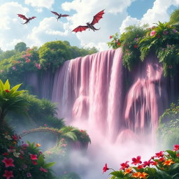 An enchanting scene featuring a stunning pink waterfall cascading into a lush jungle