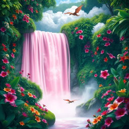 An enchanting scene featuring a stunning pink waterfall cascading into a lush jungle