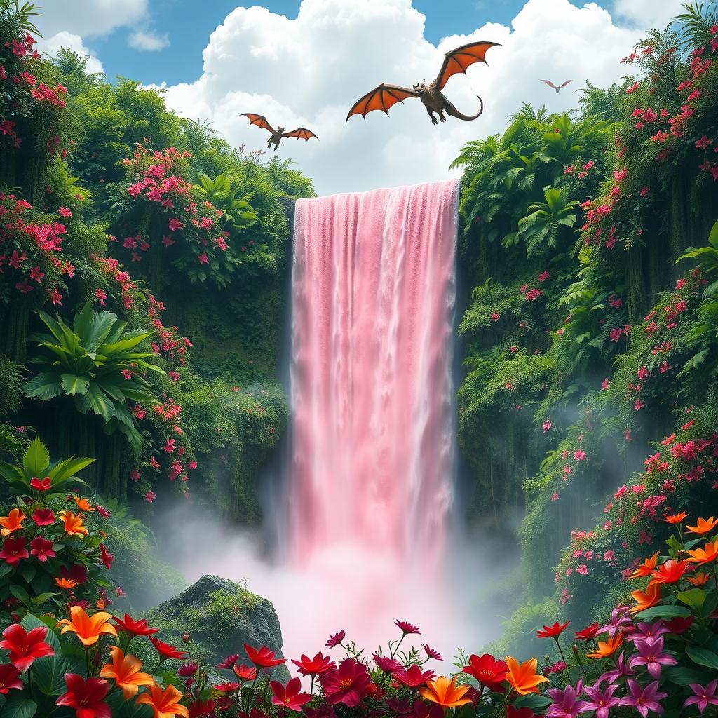 An enchanting scene featuring a stunning pink waterfall cascading into a lush jungle