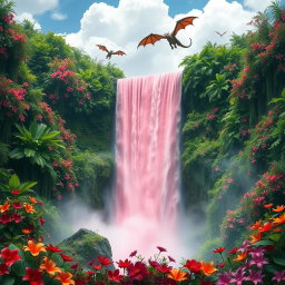 An enchanting scene featuring a stunning pink waterfall cascading into a lush jungle