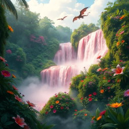 An enchanting scene featuring a stunning pink waterfall cascading into a lush jungle