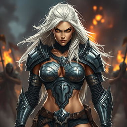 A full-body shot of a fierce armored warrior woman, illustrated in high quality and photo-realistic detail