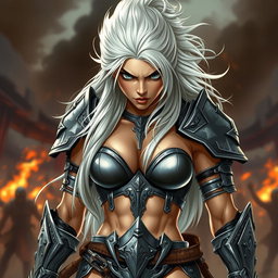 A full-body shot of a fierce armored warrior woman, illustrated in high quality and photo-realistic detail