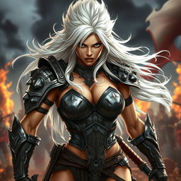 A full-body shot of a fierce armored warrior woman, illustrated in high quality and photo-realistic detail