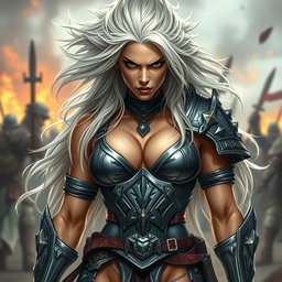A full-body shot of a fierce armored warrior woman, illustrated in high quality and photo-realistic detail