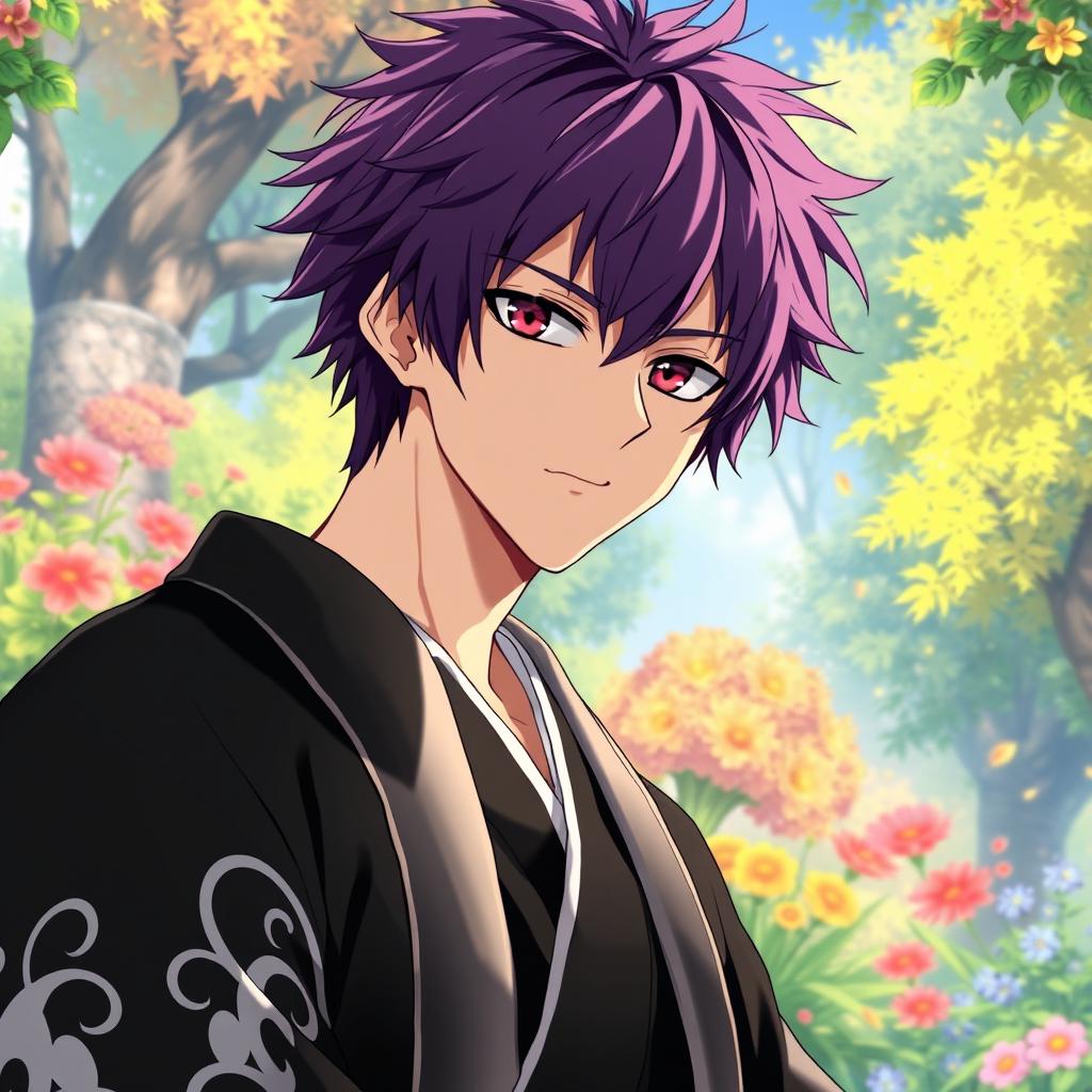 A tall adult male character in the anime art style of Gintama, featuring light skin, shaggy purple hair, and striking crimson eyes