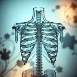 A striking artistic representation of a glass ribcage, showcasing intricate details and translucent textures