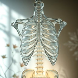 A striking artistic representation of a glass ribcage, showcasing intricate details and translucent textures