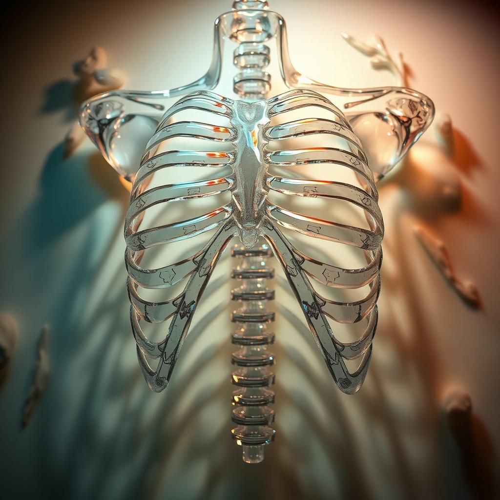 A striking artistic representation of a glass ribcage, showcasing intricate details and translucent textures