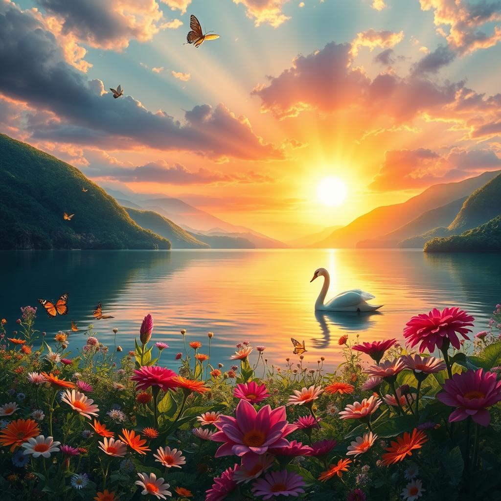 An enchanting and mystical landscape showcasing a vibrant sunset over a tranquil lake surrounded by lush, green mountains