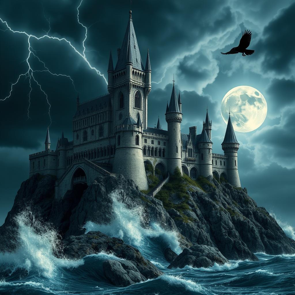 A majestic castle perched on a rocky cliff, overlooking a stormy sea