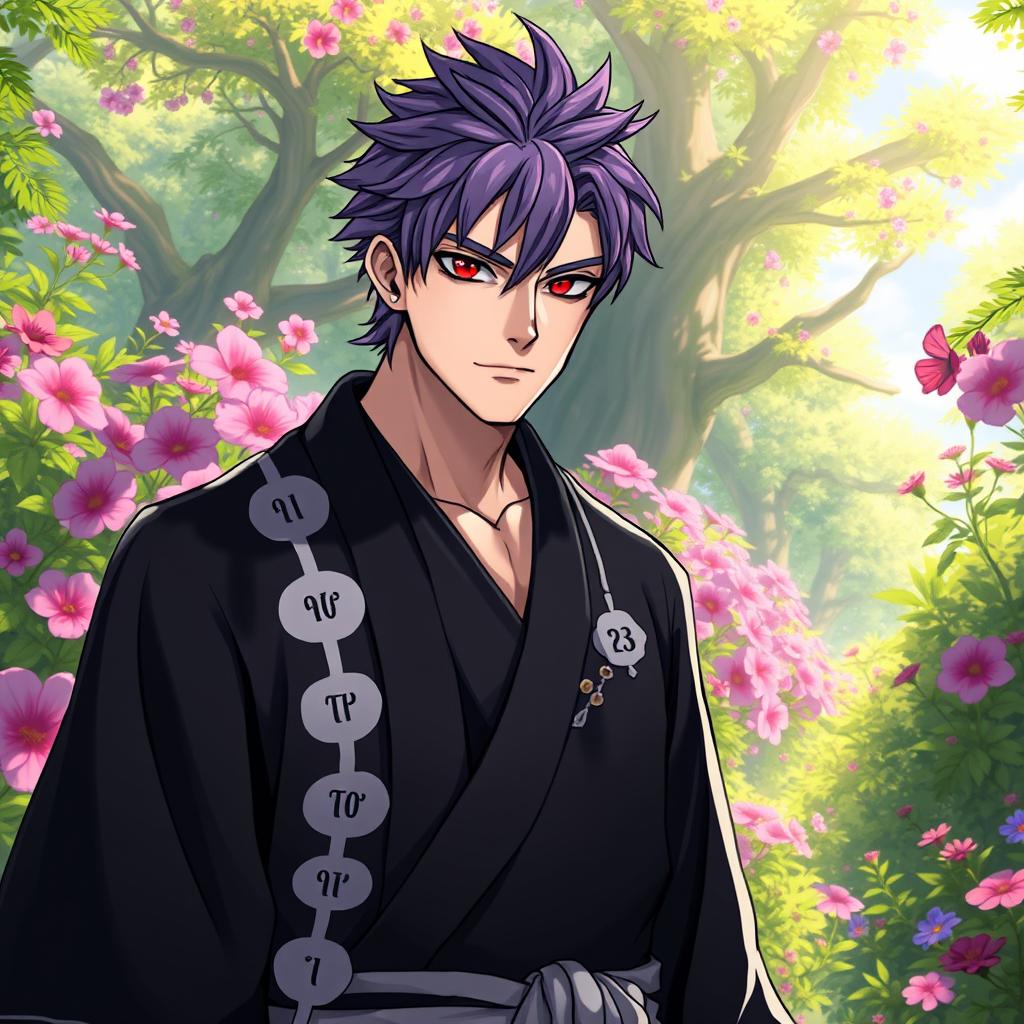 A tall adult male character with light skin, shaggy purple hair, and striking crimson eyes, dressed in a traditional black kimono adorned with white accents