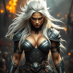 A full-body shot of a fierce armored warrior woman, depicted in high quality and photo-realistic detail