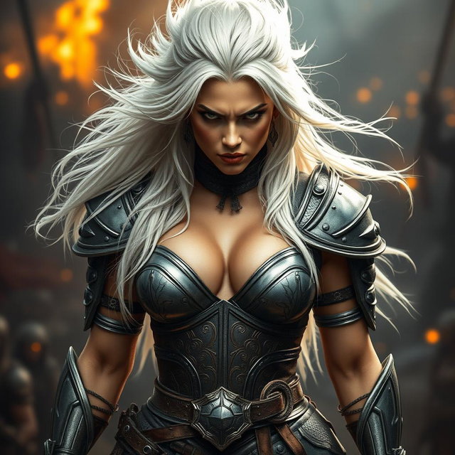 A full-body shot of a fierce armored warrior woman, depicted in high quality and photo-realistic detail