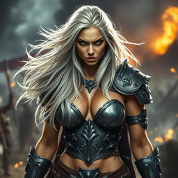 A full-body shot of a fierce armored warrior woman, depicted in high quality and photo-realistic detail