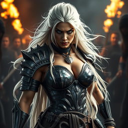 A full-body shot of a fierce armored warrior woman, depicted in high quality and photo-realistic detail