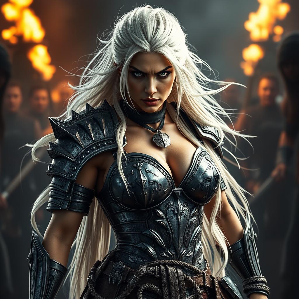 A full-body shot of a fierce armored warrior woman, depicted in high quality and photo-realistic detail