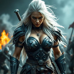 A full-body shot of a fierce armored warrior woman, depicted in high quality and photo-realistic detail