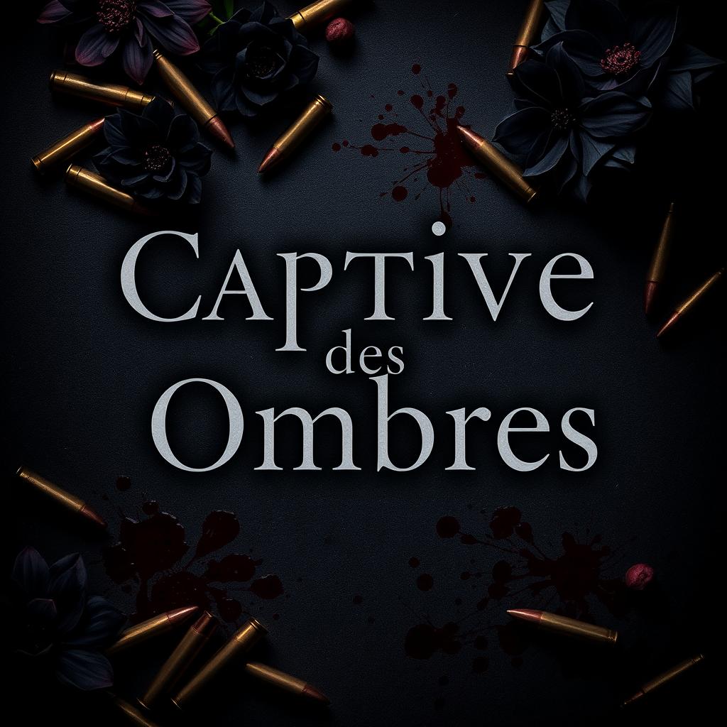 A dark romance book cover titled 'Captive des Ombres' in a subtle gray font that is not too large, creating a refined and mysterious look