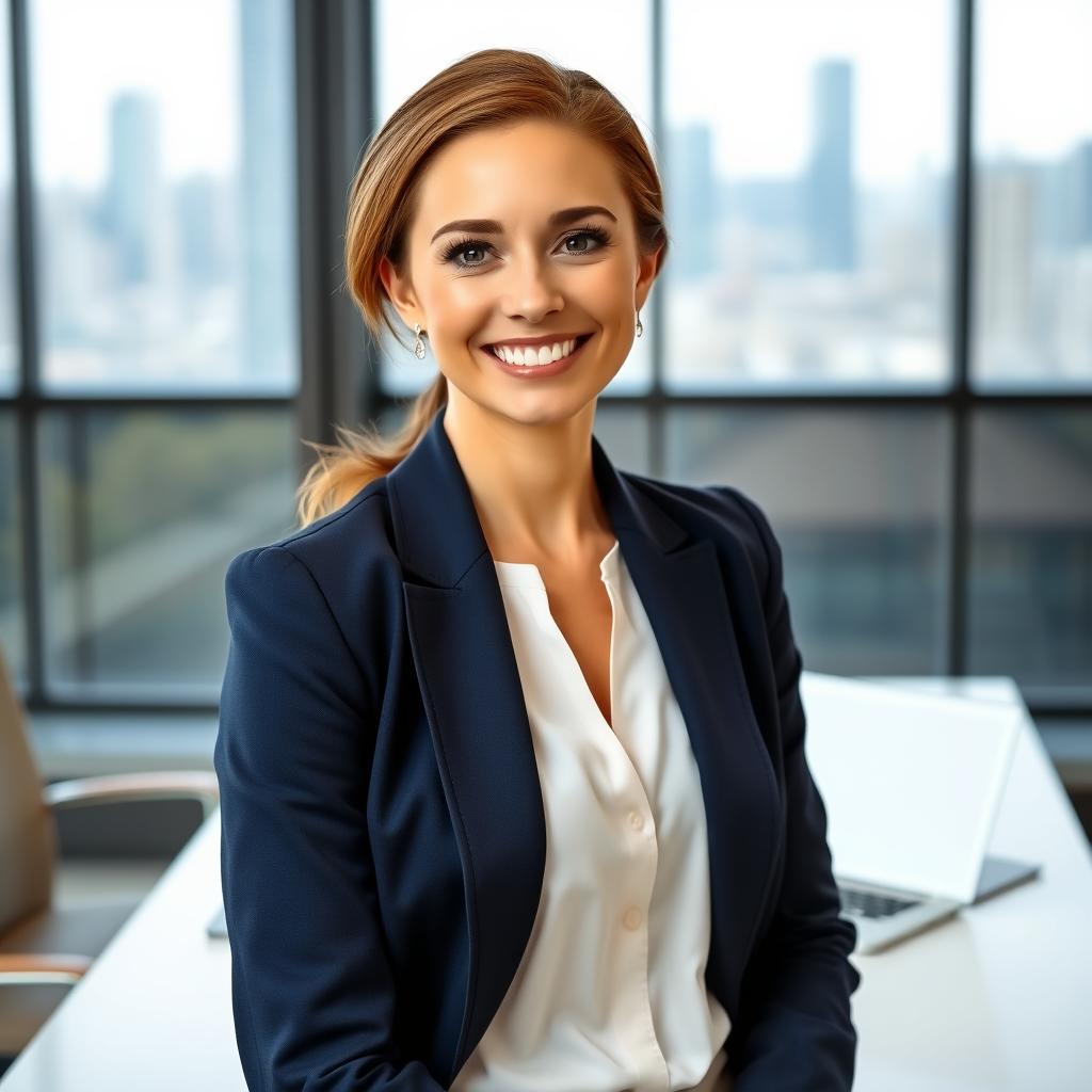 A professional portrait of a confident businesswoman in a modern office environment