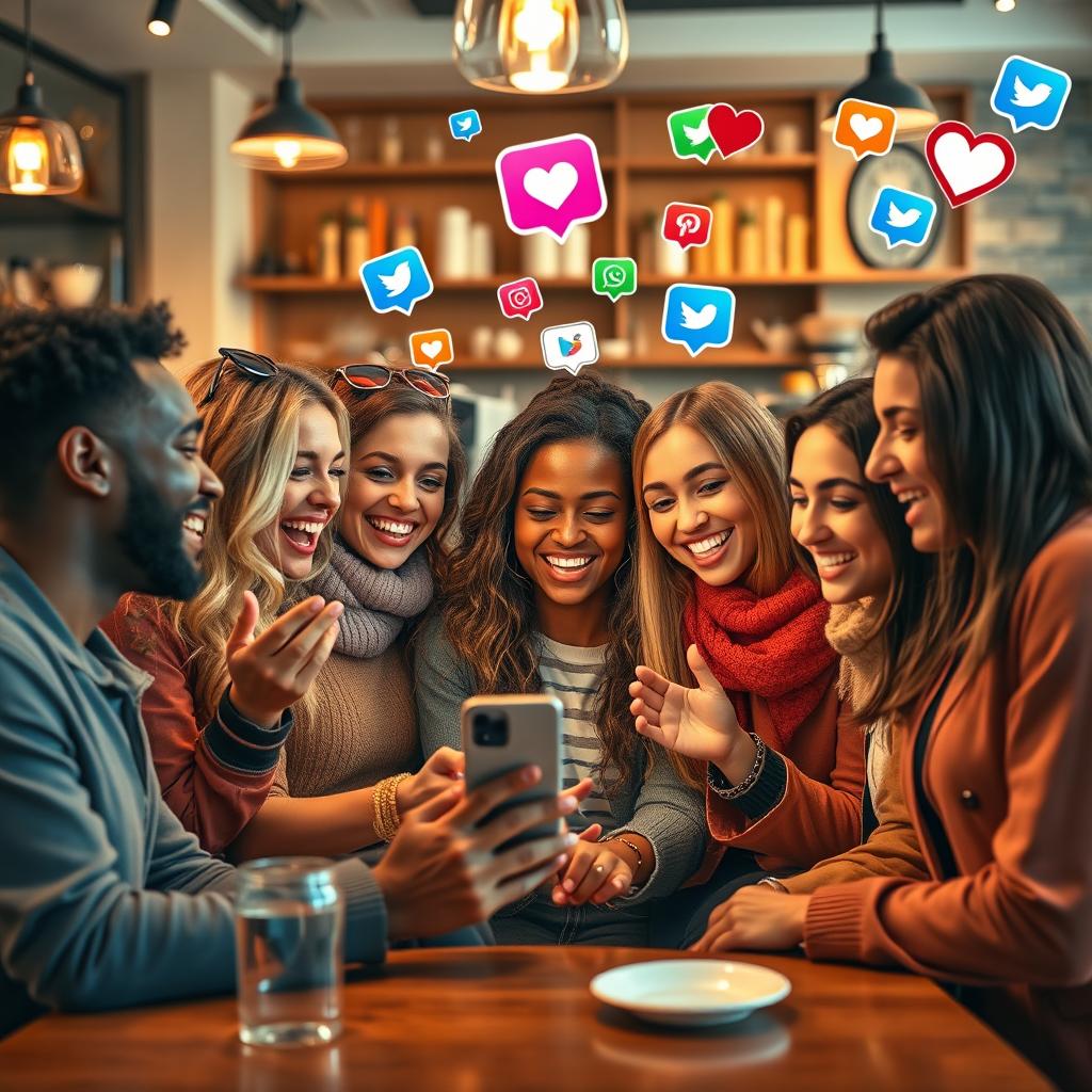 A vibrant and engaging scene depicting a group of diverse young adults gathered around a smartphone, reacting to various social media images