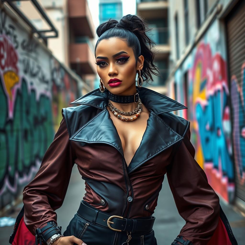 A striking fashion model showcasing daring style with bold, avant-garde clothing