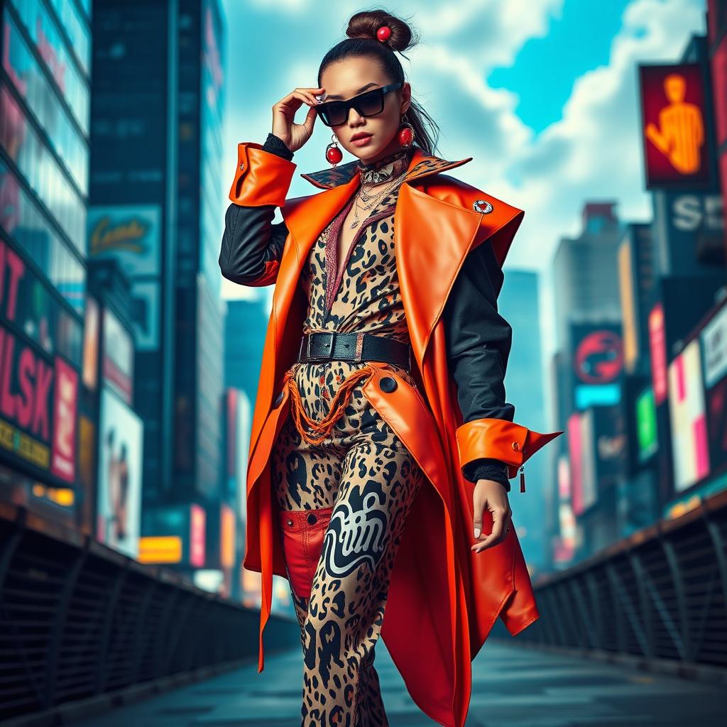 A bold and daring fashion ensemble on a stylish model, showcasing an avant-garde outfit with striking colors and unique patterns, featuring dramatic silhouettes and unexpected accessories