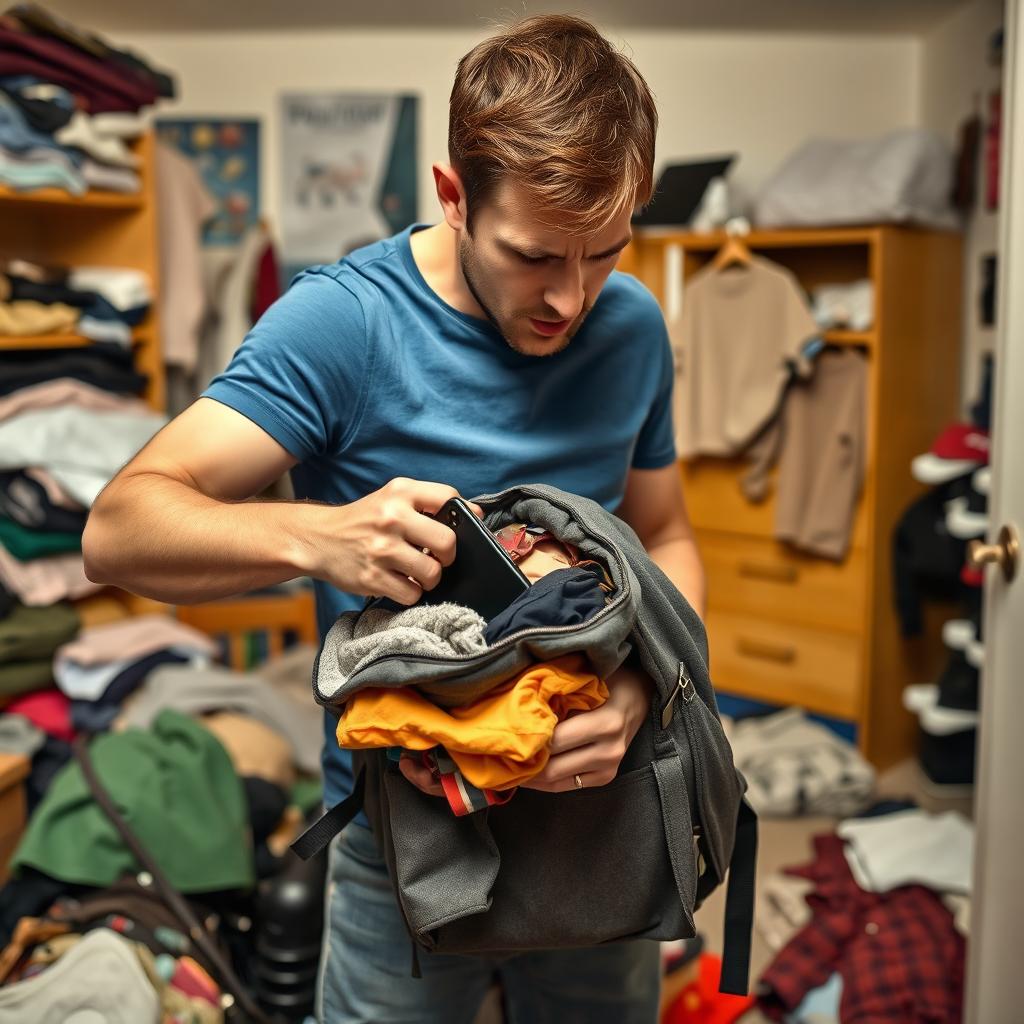 A frustrated man searching for his phone in a messy room, looking distressed as he rummages through his cluttered backpack