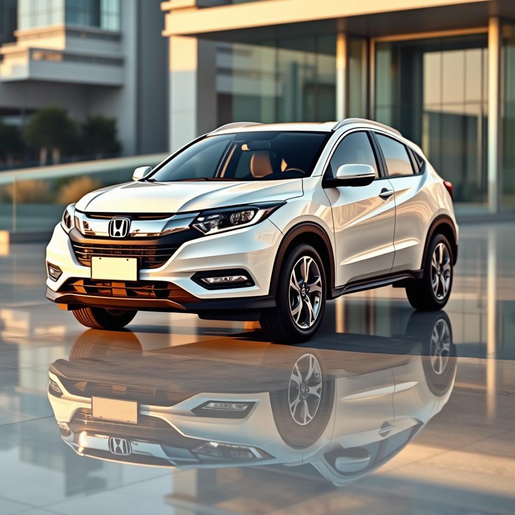 A hyper-realistic depiction of a Honda HR-V 2025i, showcasing its striking white exterior