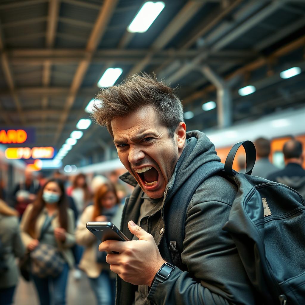 A frantic man at a bustling train station, where the atmosphere is filled with commuters and the sound of trains arriving and departing