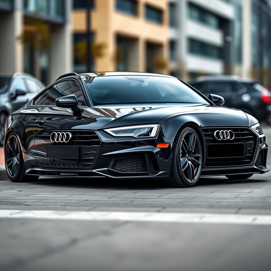 A sleek and modern low-suspension Audi car with a streamlined, aerodynamic design featuring a lowered hood and roof, painted in a rich, saturated black color
