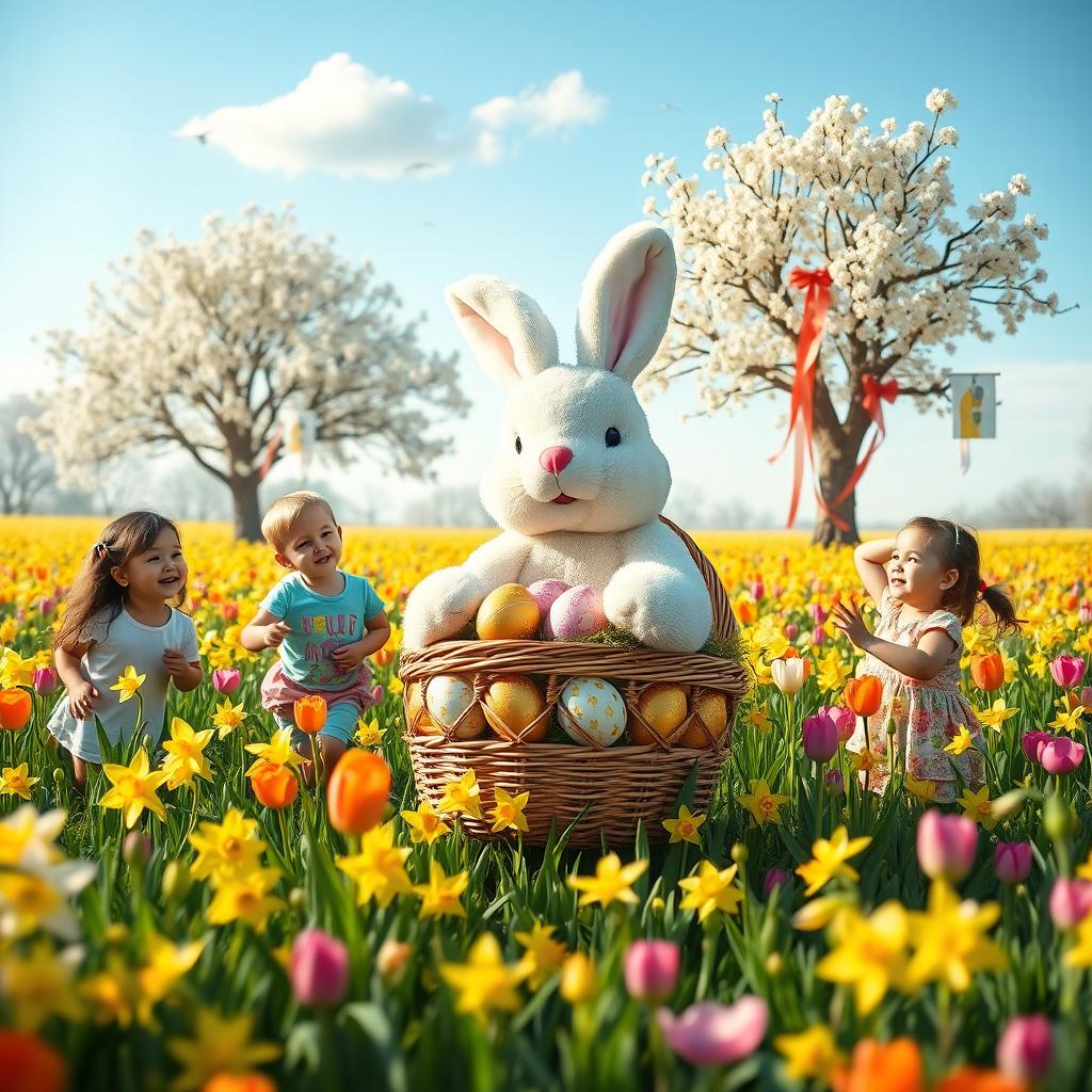 Joyful Spring: Children Playing in a Flower Field