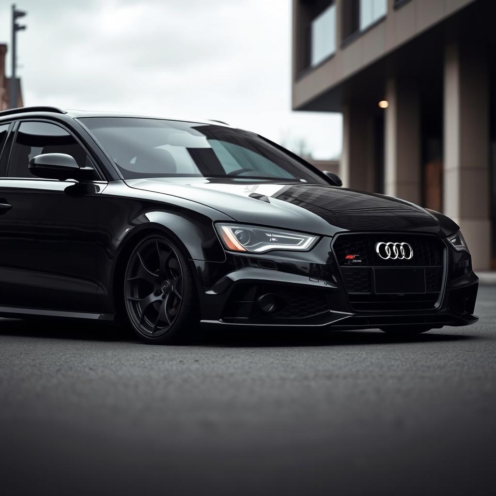 A striking Audi with a low suspension, featuring a bold and aggressive stance