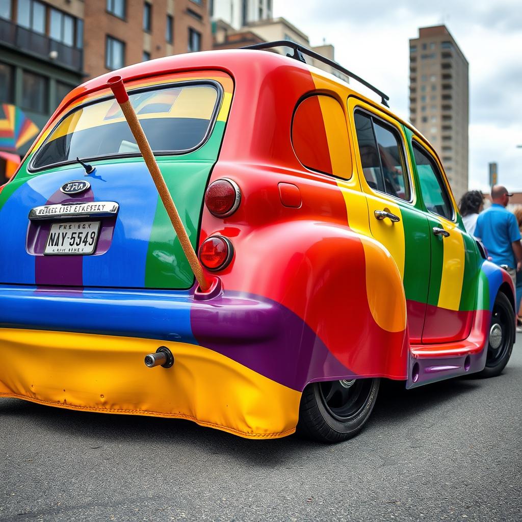 A vibrant, oversized car painted in the colors of the rainbow flag, featuring bold stripes representing diversity and inclusivity