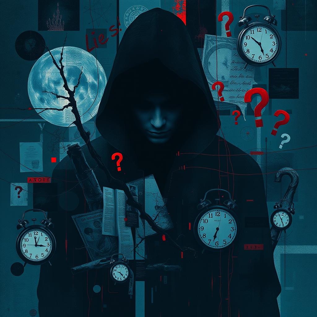 An artistic representation of the concept of deception, featuring a shadowy figure with an enigmatic expression, surrounded by a collage of abstract imagery symbolizing lies, such as cracked mirrors, twisted paths, and tangled words