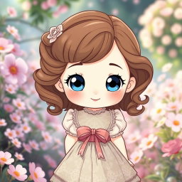 A charming chibi girl inspired by 19th century fashion, featuring soft brown hair styled in loose curls and large sparkling blue eyes