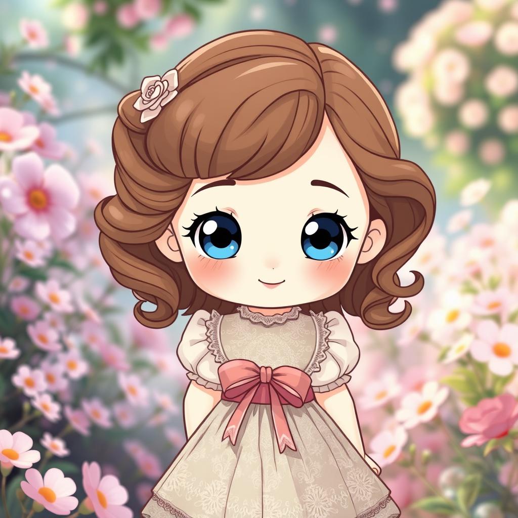 A charming chibi girl inspired by 19th century fashion, featuring soft brown hair styled in loose curls and large sparkling blue eyes