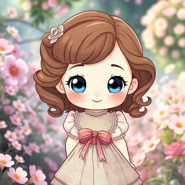 A charming chibi girl inspired by 19th century fashion, featuring soft brown hair styled in loose curls and large sparkling blue eyes