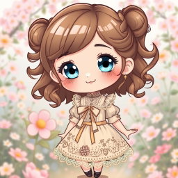 A charming chibi girl inspired by 19th century fashion, featuring soft brown hair styled in loose curls and large sparkling blue eyes