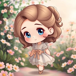 A charming chibi girl inspired by 19th century fashion, featuring soft brown hair styled in loose curls and large sparkling blue eyes