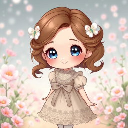 A charming chibi girl inspired by 19th century fashion, featuring soft brown hair styled in loose curls and large sparkling blue eyes