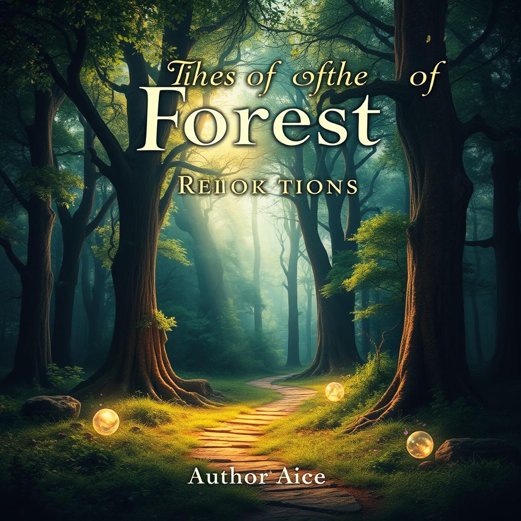 A captivating book cover design featuring a mystical forest with towering trees, dappled sunlight filtering through the leaves, and an enchanted atmosphere